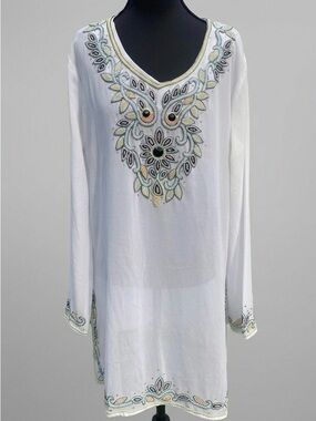 Boho Resortcore Sheer White Beaded Tunic Dress Summer Beach Swim Cover Up 33”